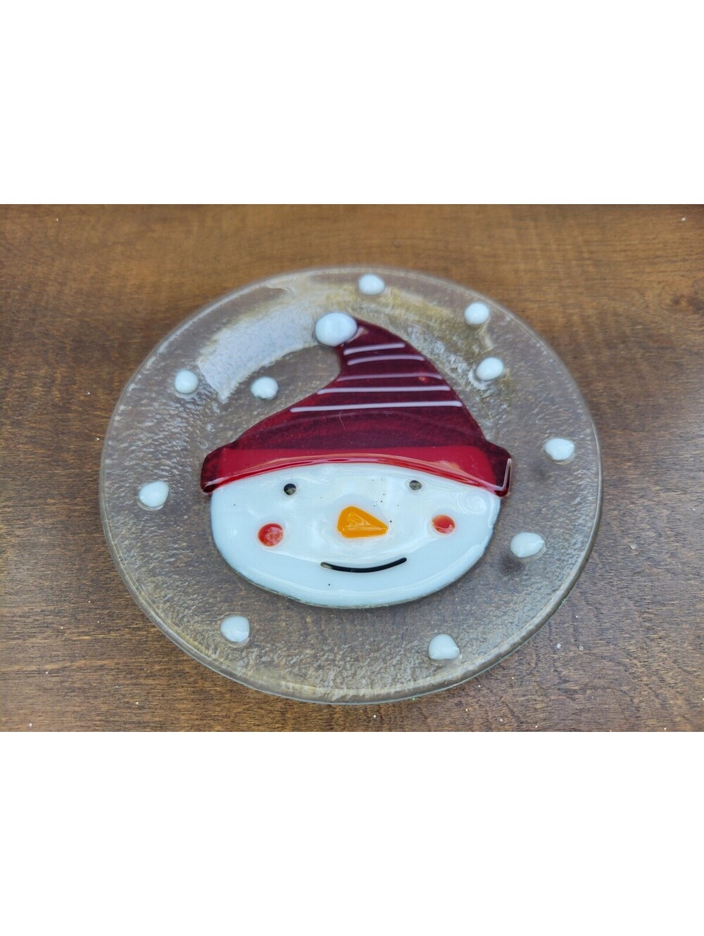Snowman Fused Glass Round Cookie Plate Red Hat Christmas Winter Decor
